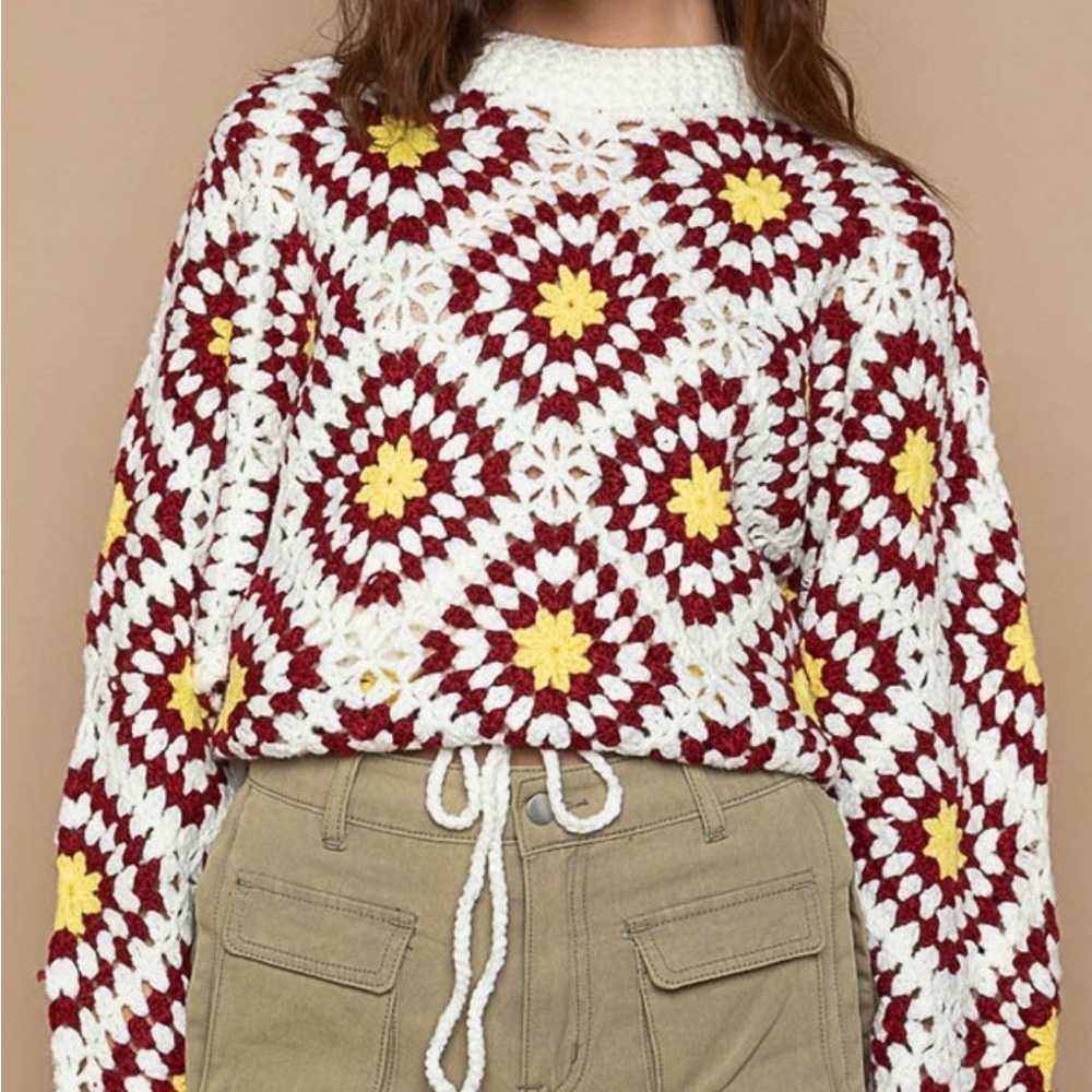 POL Dolman Sleeve Hand Knit Square Pullover Sweater - Burgundy, Yellow, Cream